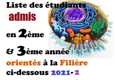 Listes des étudiants admis en                   2ème & 3ème années 2021/2022 orientés suivant les Filières ci-dessous: