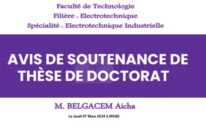 Avis de soutenance de thèse de Doctorat /Électrotechnique Industrielle