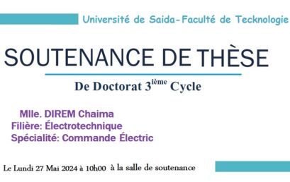 Avis de soutenance De thèse de Doctorat En Électrotechnique (Mlle. DIREM Chaima)